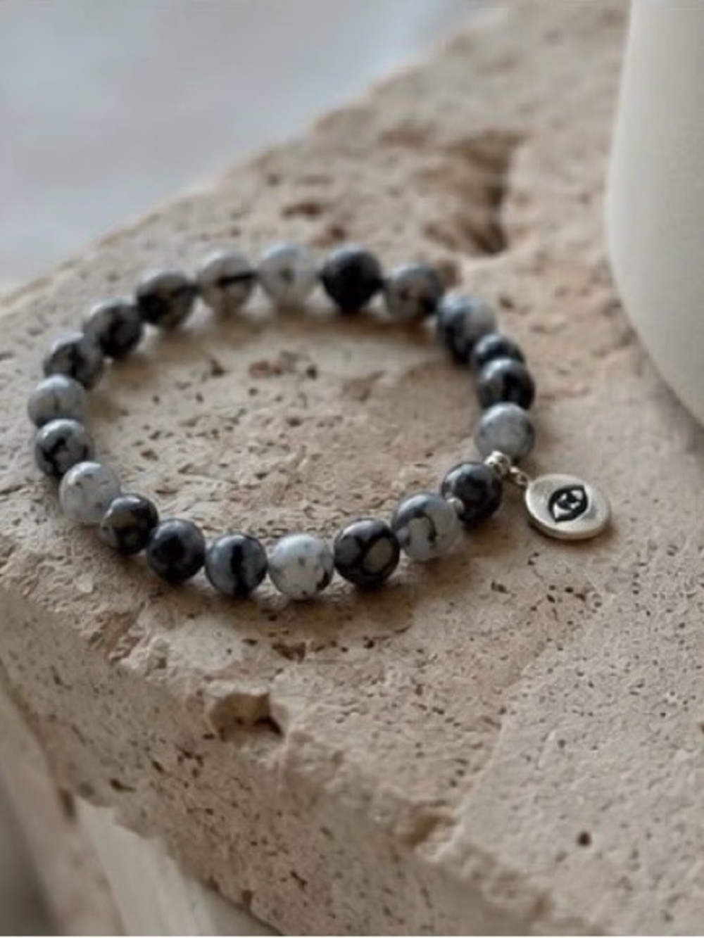 Black and White Marbled Bead Bracelet with Silver Eye Charm - Picture 5 of 5